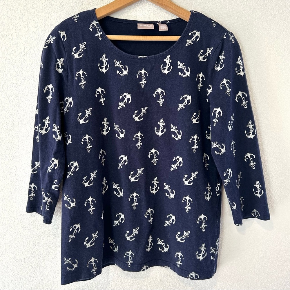 CHICO'S Navy Blue Anchors Nautical 3-4 Sleeve Cotton Top Coastal Preppy Size S
